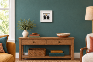 Wedding Day (Large) framed Irish bog artwork displayed at a smaller scale on a vibrant living-room wall.