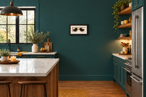 Love Birds framed Irish bog artwork displayed on a wall with a deep teal and mustard colour palette.