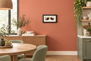 Love Birds framed Irish bog artwork displayed on a wall with a coral and sage-green colour palette.