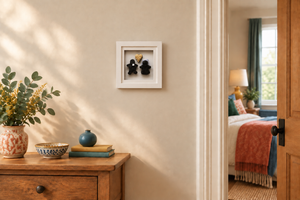 Wedding Day (Large) framed Irish bog artwork displayed at a smaller scale on a vibrant hallway wall.